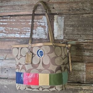 Coach Brown Signature Canvas Tote with Multicolor Patch Strip